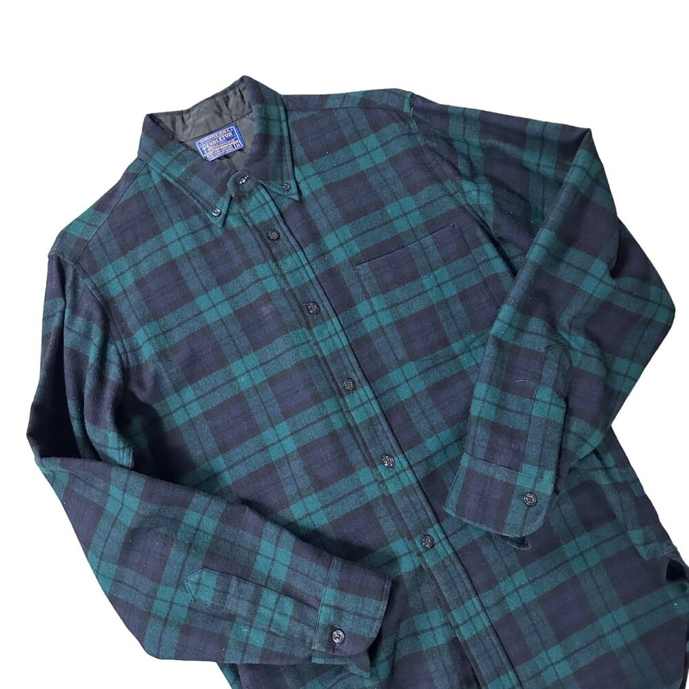 Vintage Pendleton Wool Shirt Plaid Medium Green Blue Button Up 1960s Flannel